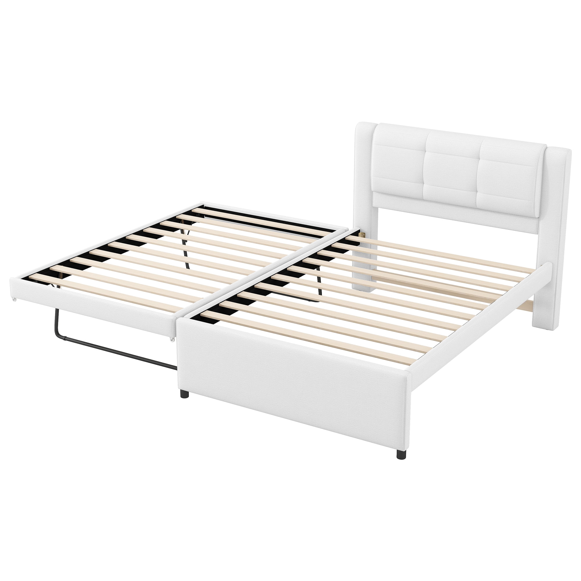 Euroco Upholstered Twin Platform Bed with Pop-up Twin Trundle for Bedroom, 2 Beds in One, Beige