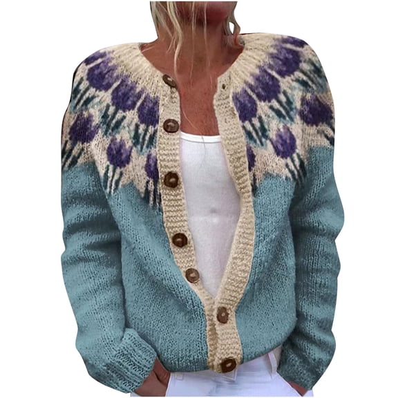 Women's Chunky Knit Cardigan Fall Winter Button Down Fair Isle Cardigan Sweaters Blue 2XL