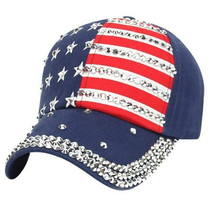 

NUOLUX American Flag Patriotic Flag Baseball Sparkle Rhinestone Hat for Women (Blue)