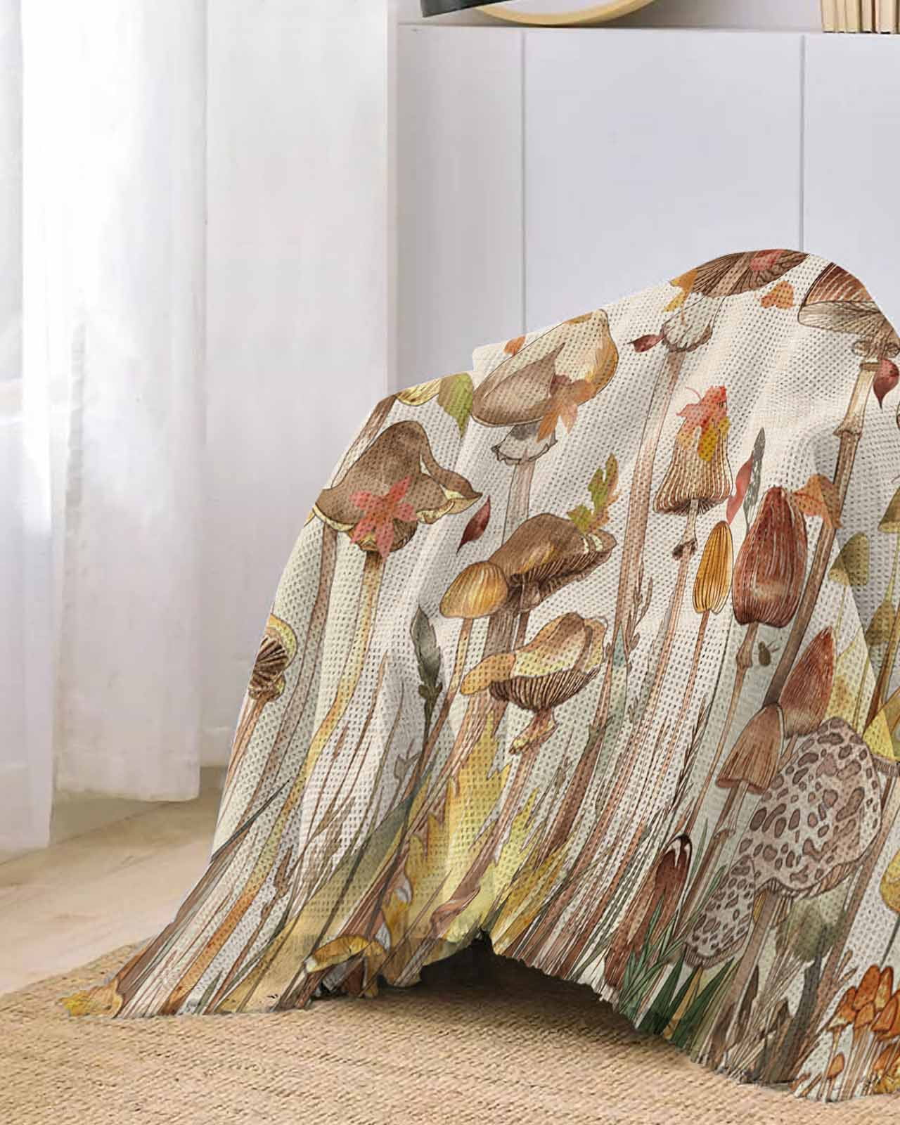 Autumn Mushroom Sofa Couch Covers for Dog,Washable Sofa Throw Cover Single Slipcovers for Armchair with Tassels,Fall Country Maple Leaves Beige Couch Protector Towel Blanket Medium 71''x91''