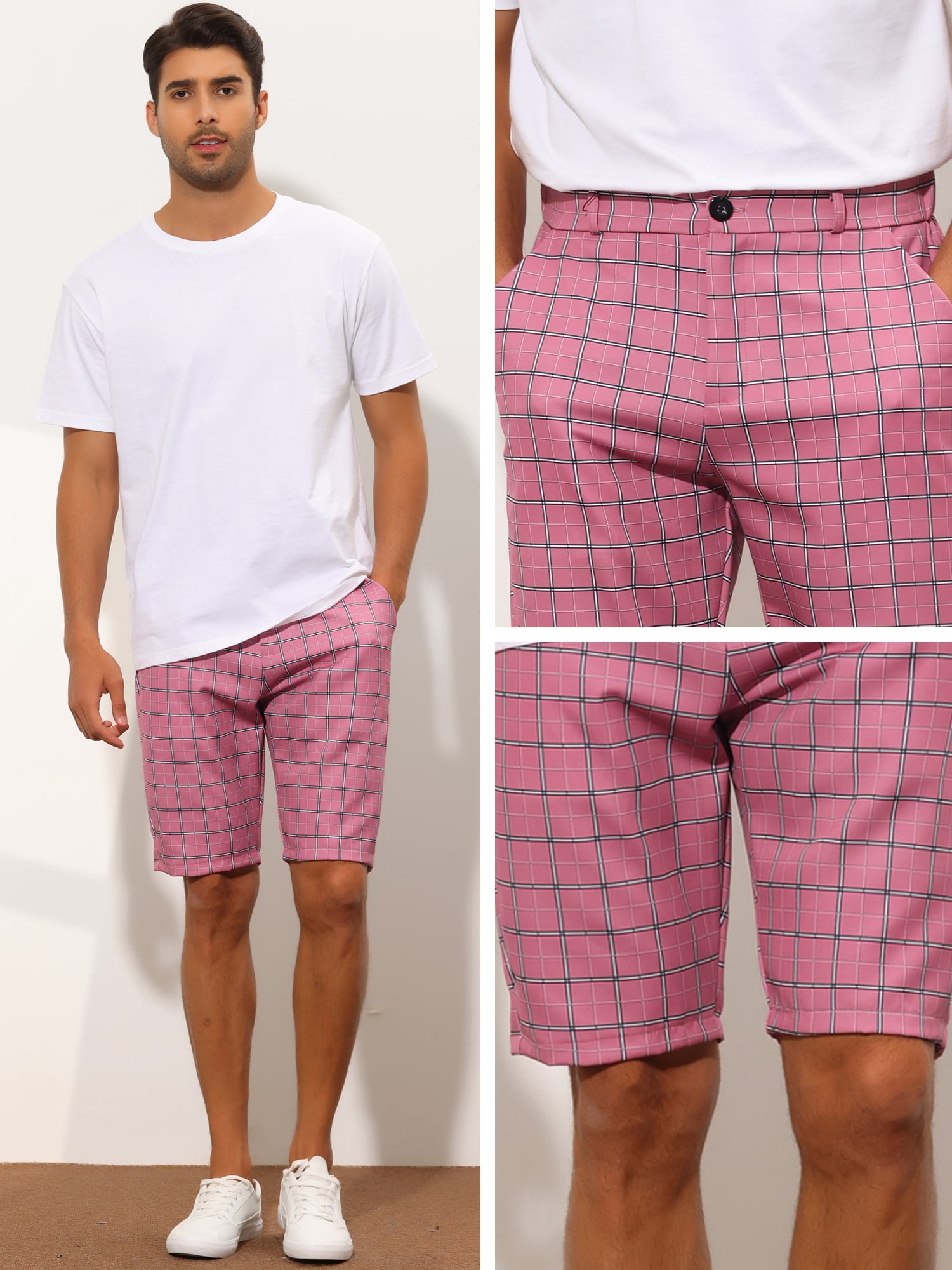 Unique Bargains Men's Plaid Shorts Straight Fit Comfort Flat Front Checked Shorts 32 Pink