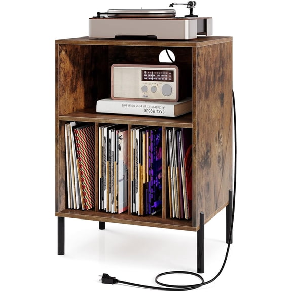 Giantex Record Player Stand with Charging Station, Turntable Stand with Storage Cabinet, Record Player Shelf with Metal Legs, Vinyl Record Storage up to 150 Albums for Living Room (Rustic Brown)