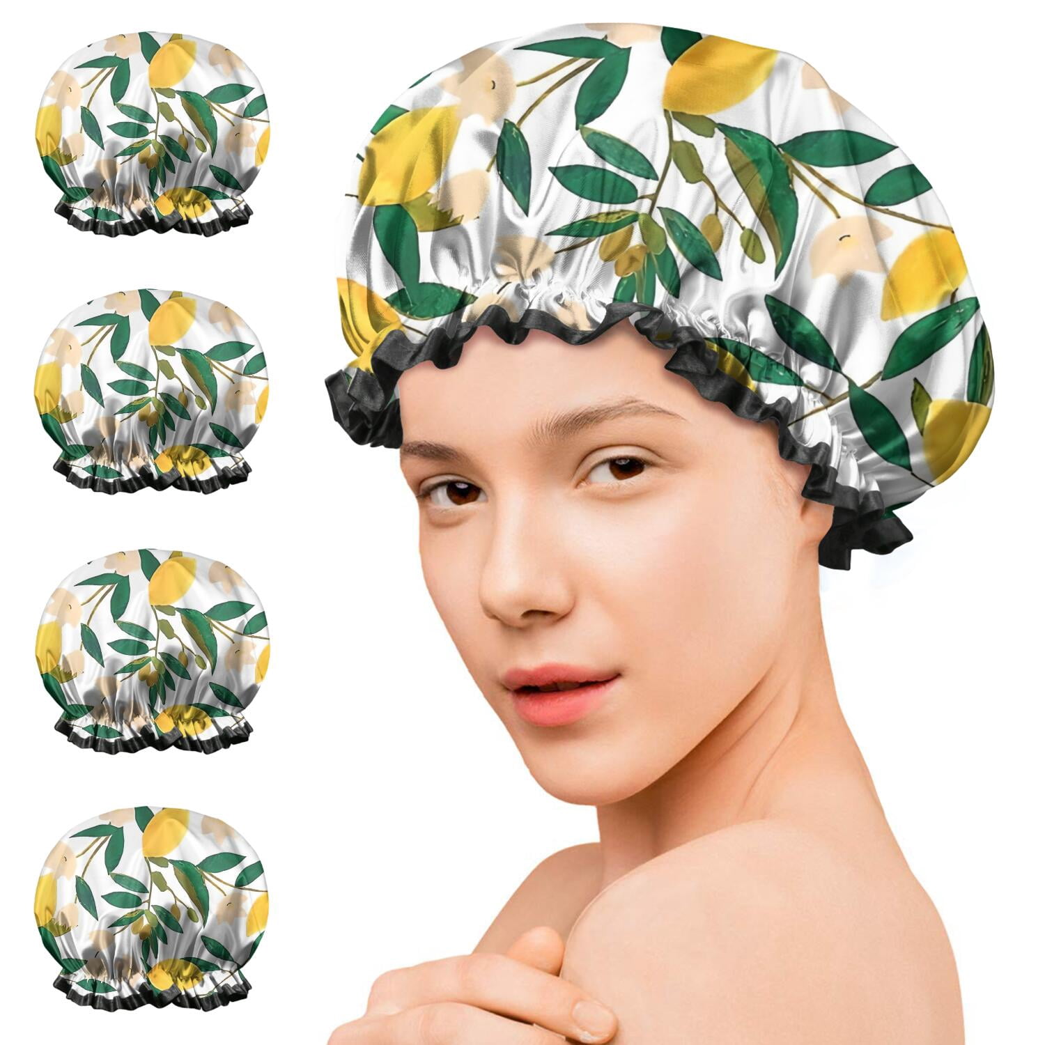 Shower Caps,Yellow Lemon Fruit Flowers White Pattern Waterproof Shower Cap for Women 4 Pieces,Double Reusable Hair Cover for Shower PEVA Elastic Stretch Hem