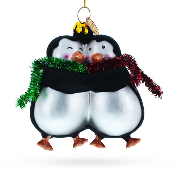 Penguin Couple in Love Glass Christmas Ornament