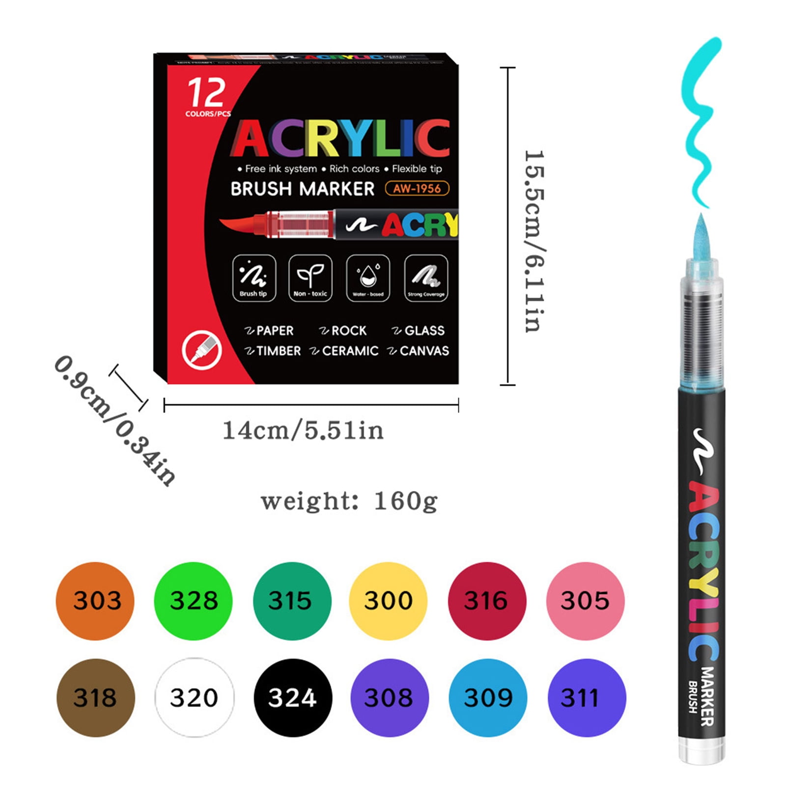Liquid Acrylic Marker with Soft Brush Tip Multifunction Acrylic Paint Pen for Painting on Paper Canvas Glass Stone