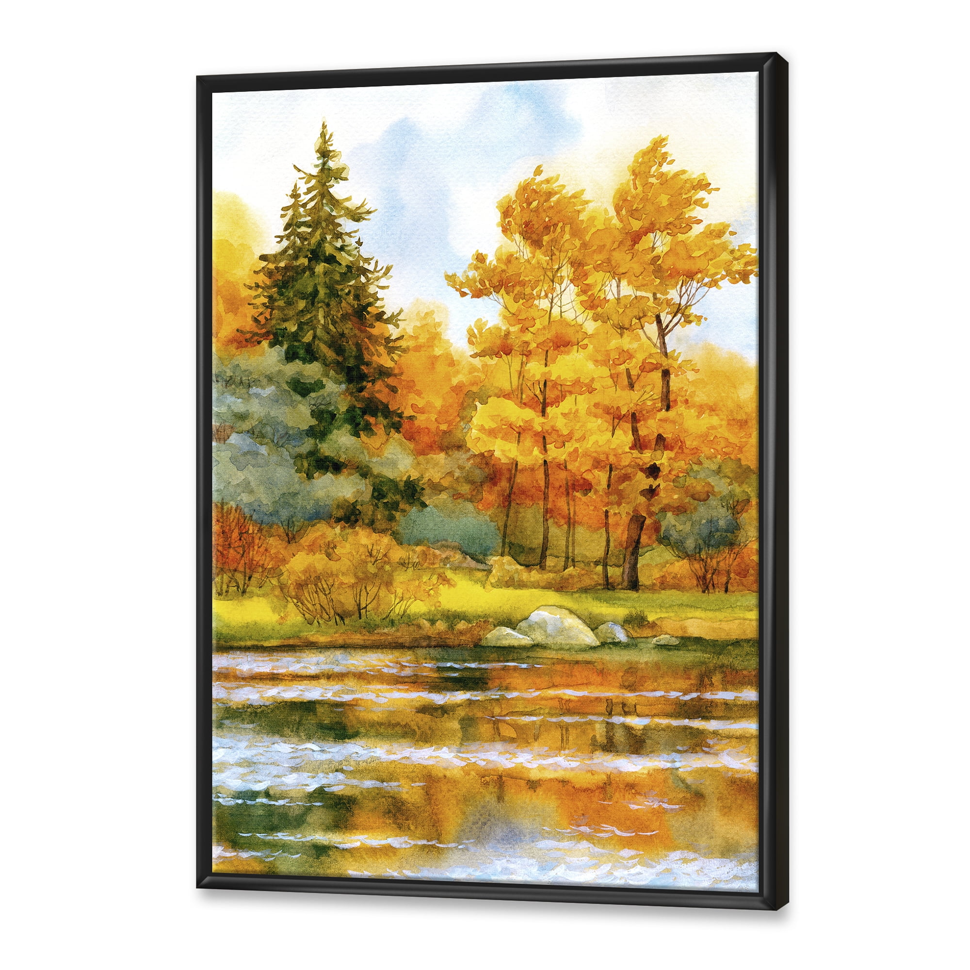 Autumn Forest By The Lake Side II 30 in x 40 in Framed Painting Canvas Art Print, by Designart