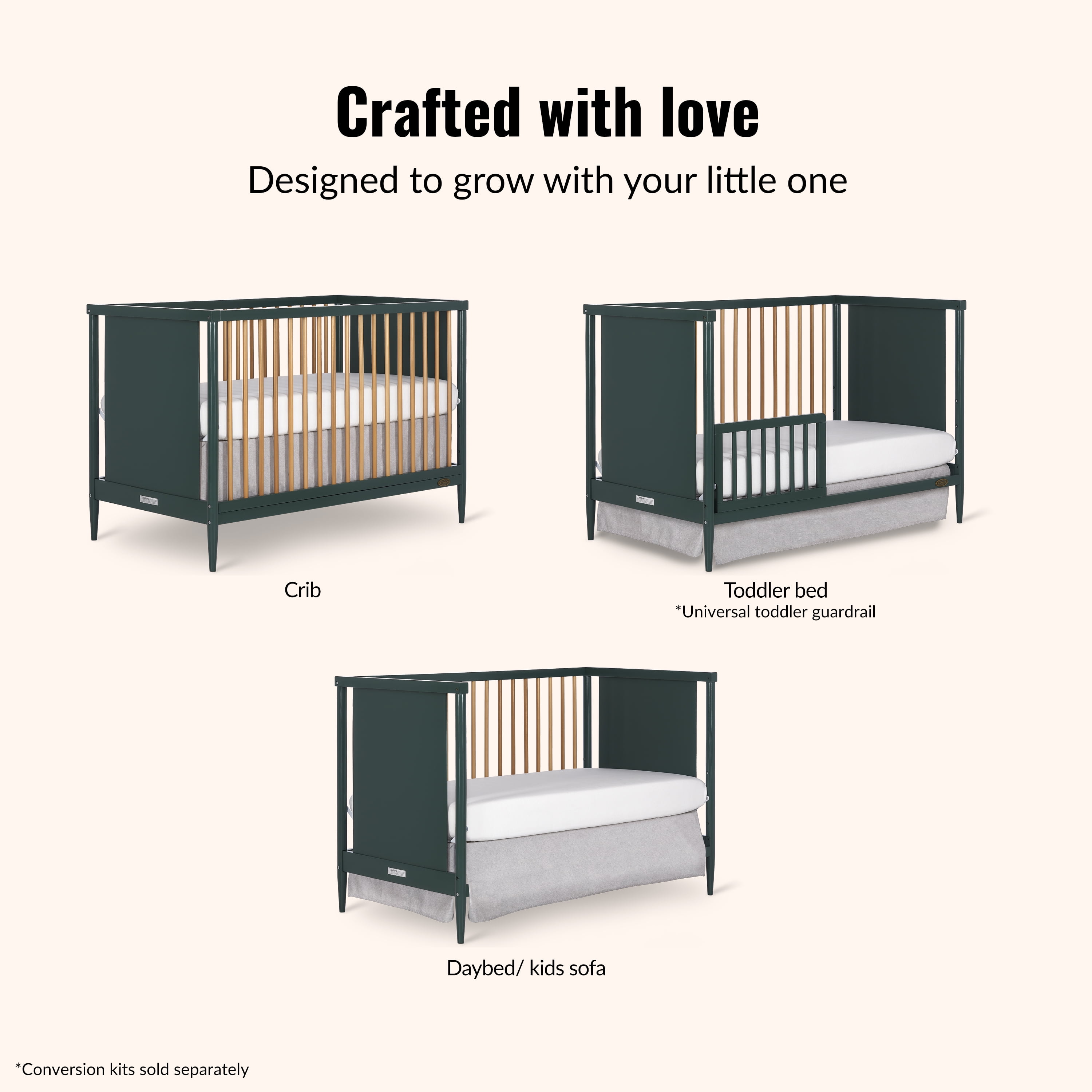 Dream On Me Clover 4 In 1 Modern Island crib With Rounded Spindles I Convertible Crib I Mid- Century Meets Modern I Coordinates With The Clover Changing Table in Olive Finish
