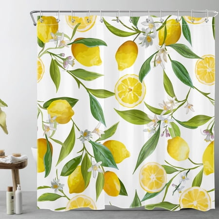 HVEST Yellow Lemon Fruit Shower Curtain for Bathroom White Floral with Green Leaf Plant Botanical Bathroom Shower Curtains with Hooks, Country Nature Bathroom Curtains Shower Set 72x78 inch