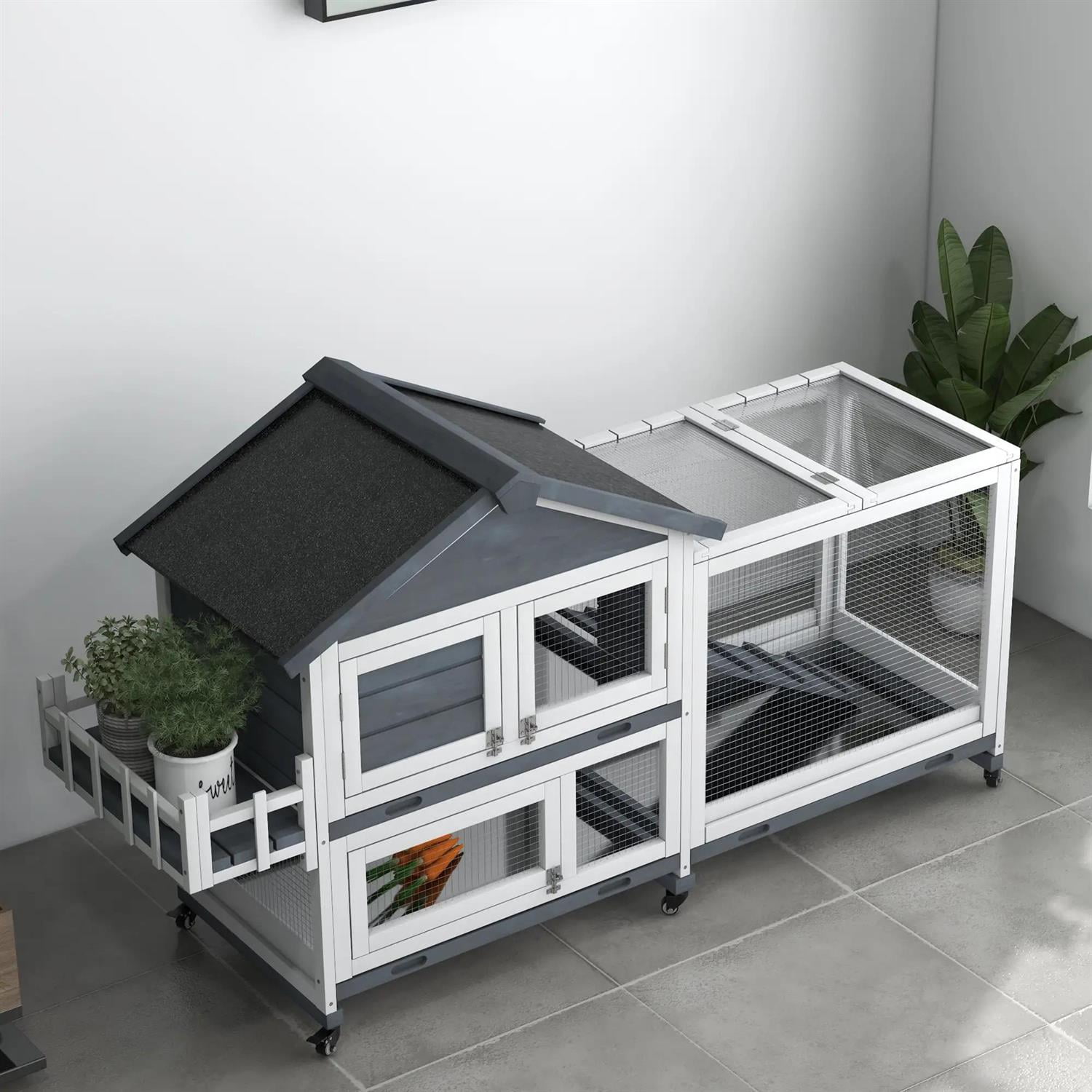 Pefilos 65" Outdoor Wooden Rabbit Hutch with Run, Trays and Openable Roof, Outdoor Bunny Enclosure Guinea Pig Cage for Small Animals, Gray