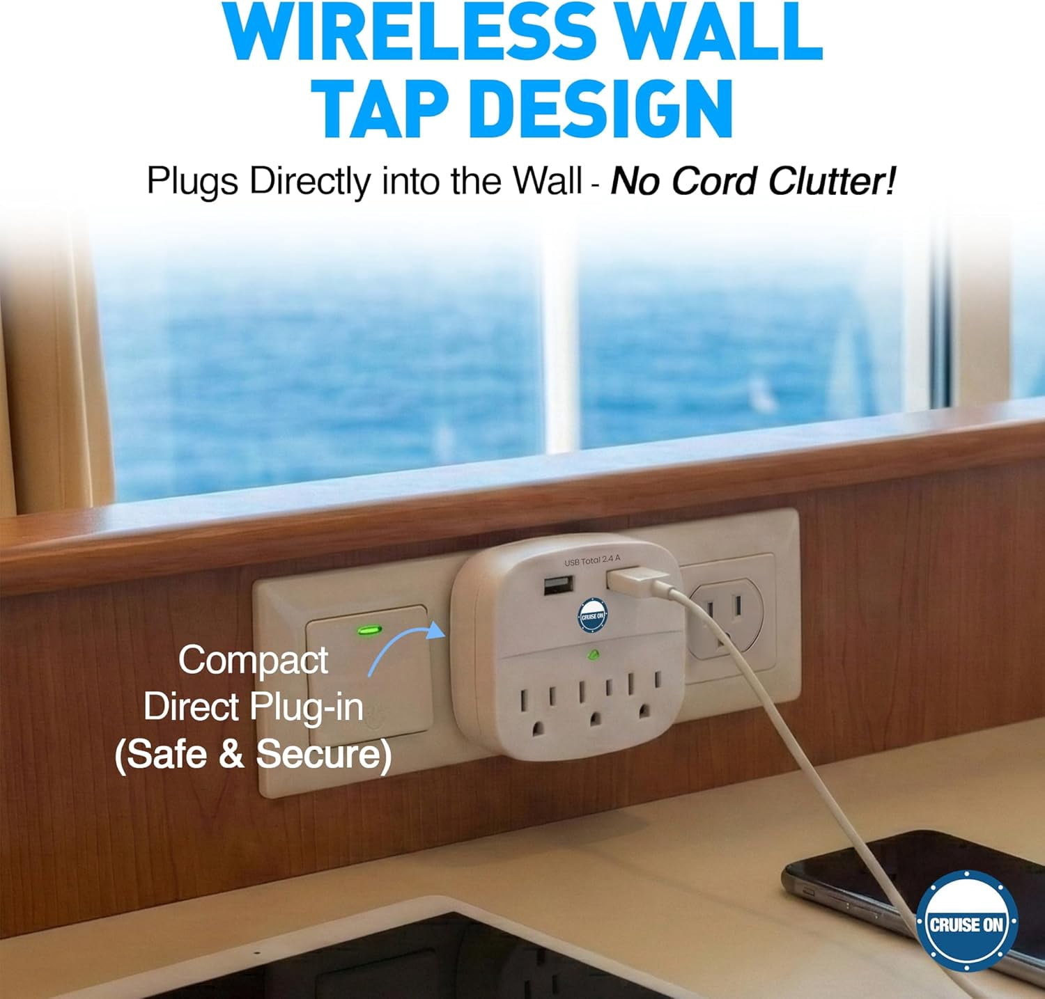 Cruise Approved Power Strip - Non Sur Protector for Ship with 2 USB Outlets Essentials 2026 Carnival, Princess, Norwegian, Holland America, MSC & Major Lines (White)