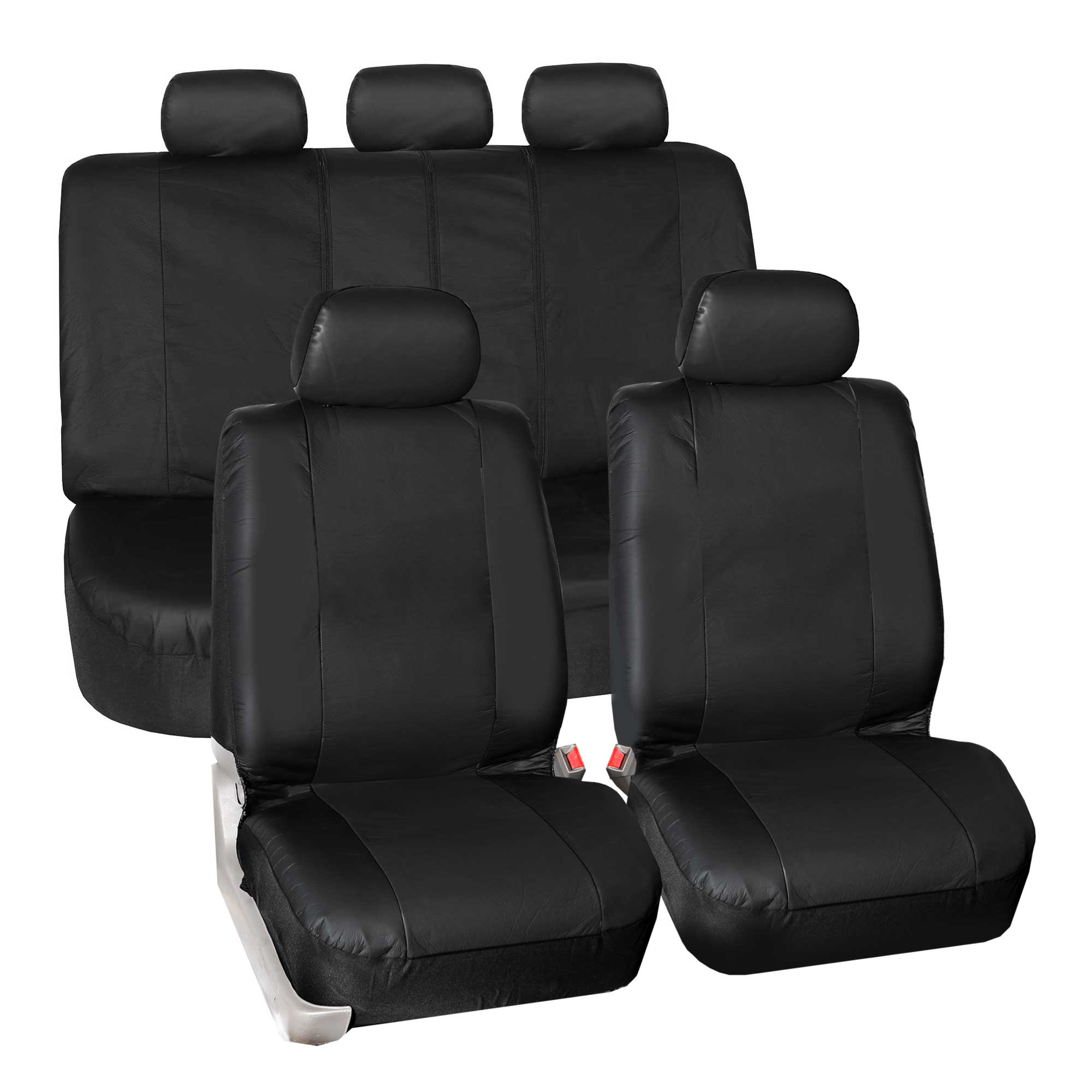 FH Group, Synthetic Leather Seat Covers Auto 5 Headrest Covers Black with Black Dash Mat