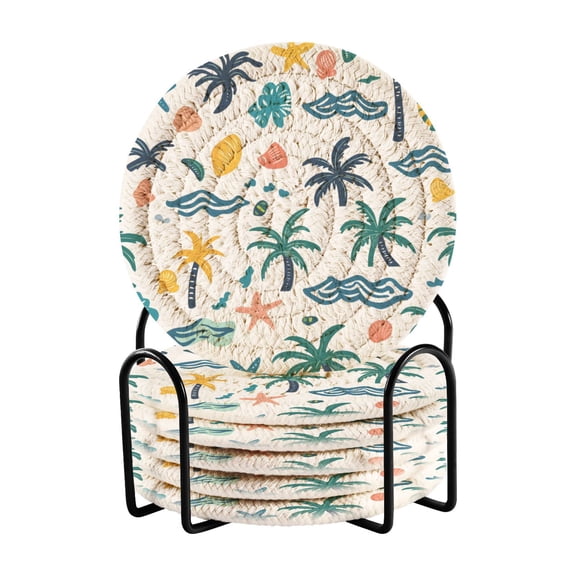 Haosy Set of 6 Drink Woven Coaster with Holder Heat Resistant Non-Slip Bar Coasters 4 Inches Palm Trees Shells Wave