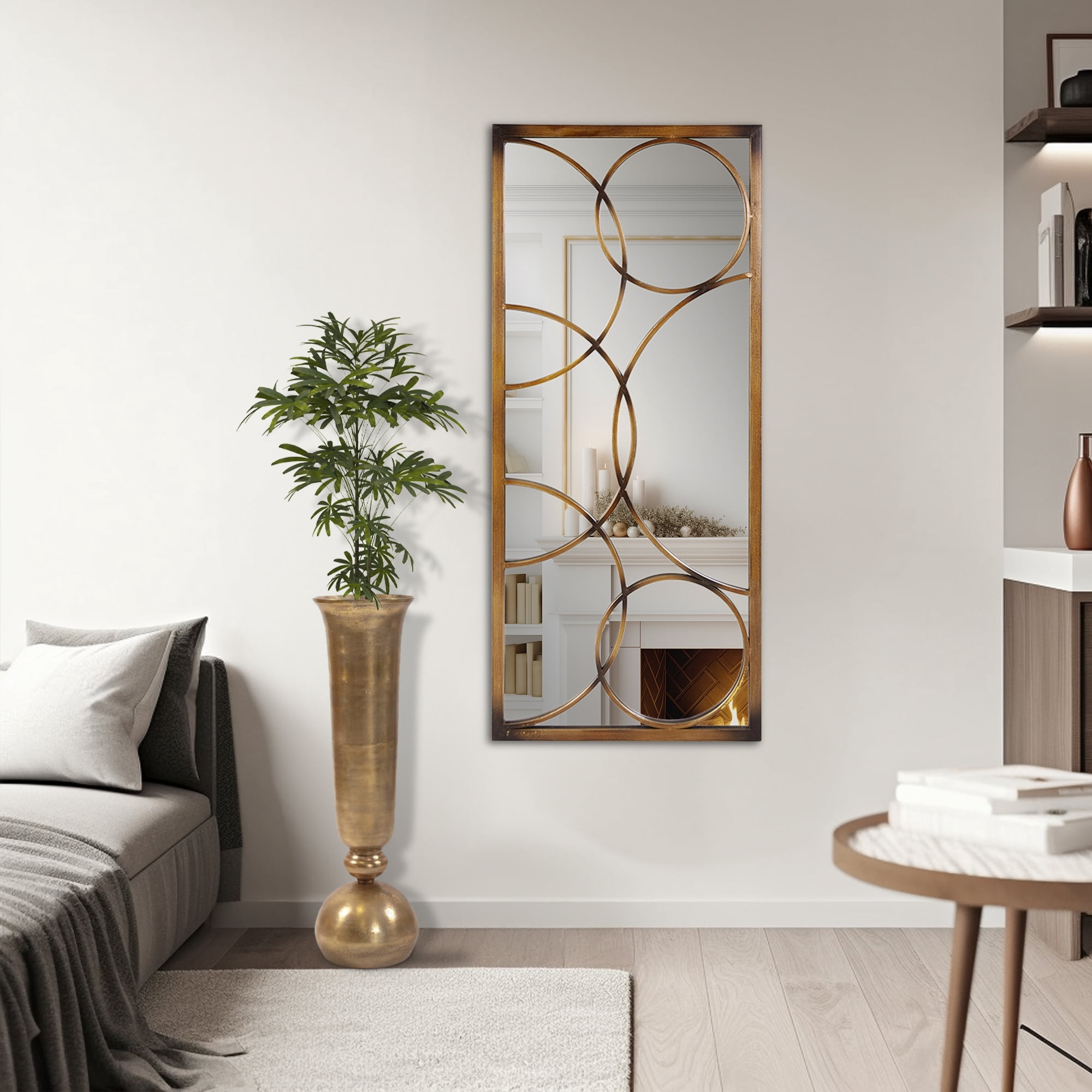Tyler Dillon Rectangular Metal Framed Bronze Wall Mirror with Circular Overlays - Brushed Bronze