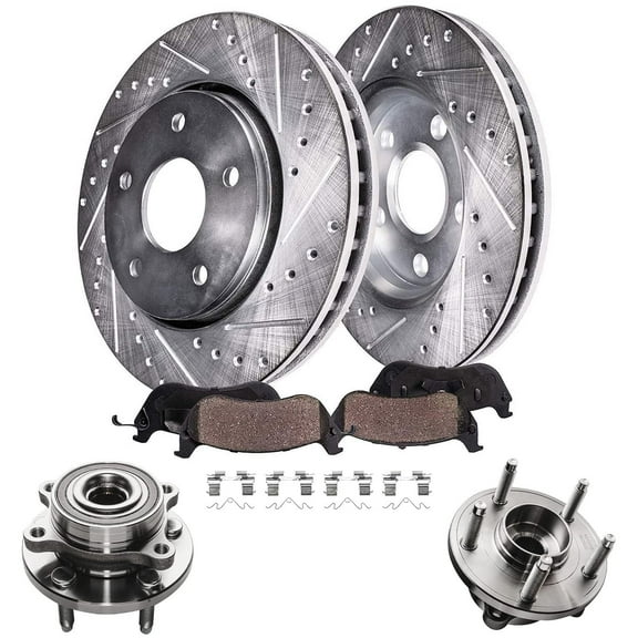 Detroit Axle - Front Brake Kit Wheel Bearing Hubs for 5 Lug Ford Taurus Flex Lincoln MKS MKT Drilled & Slotted Brake Rotors and Ceramic Brakes Pads Replacement: 12.80" inch Rotors