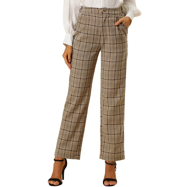 INSPIRE CHIC Pantalones a cuadros casuales para mujer, bolsillos, pierna recta, trabajo, oficina, pantalones Marrón claro L