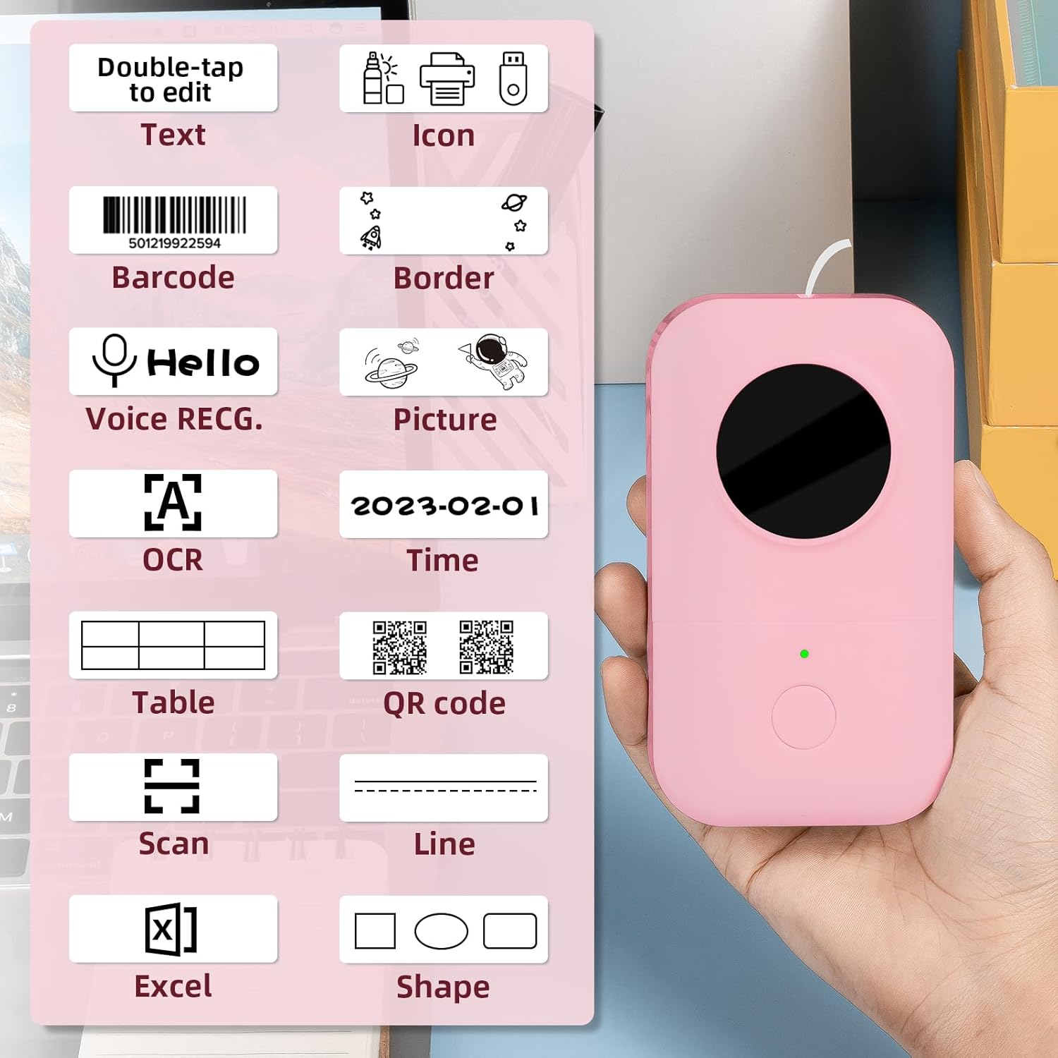 Mini Label Printer - Portable Thermal Bluetooth Label Maker with Tape, Small Sticker Printer Label Maker, Compatible with Phomemo D30 iOS and Android, for Home Office Organization, Pink