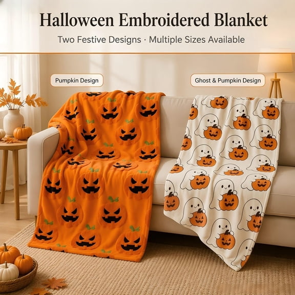 Halloween Faux Fur Throw Blanket with Cute Spooky Embroidery, Cozy Soft Warm Fall Throw for Couch Bedroom Living Room, Ideal Seasonal Gift Home Decorative Accent(51 x 59",Pumpkin)