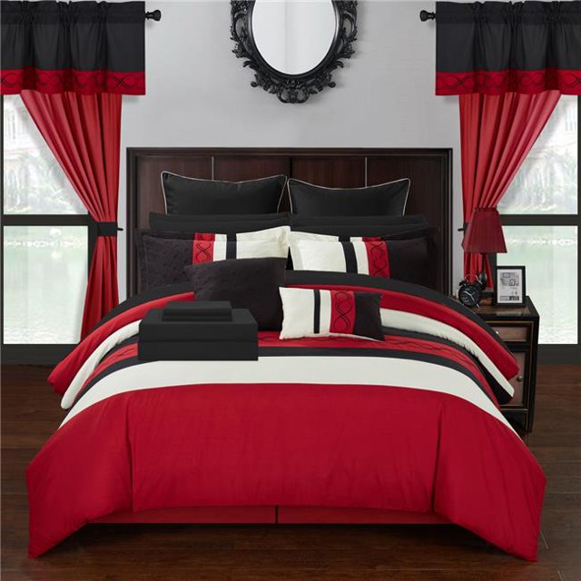 Chic Home CS0946-US 24 Piece Shilo Embroidered Design Comforter Bedding Set, Red - Queen