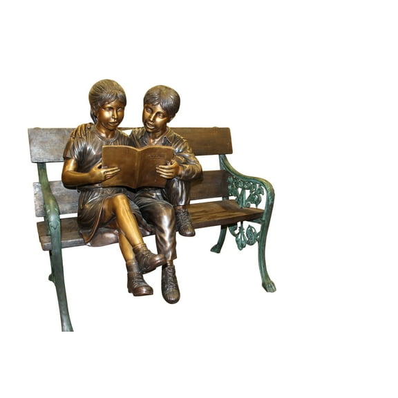 Kids Reading a Book on a Bench Bronze Statue -  Size: 23"L x 38"W x 37"H.