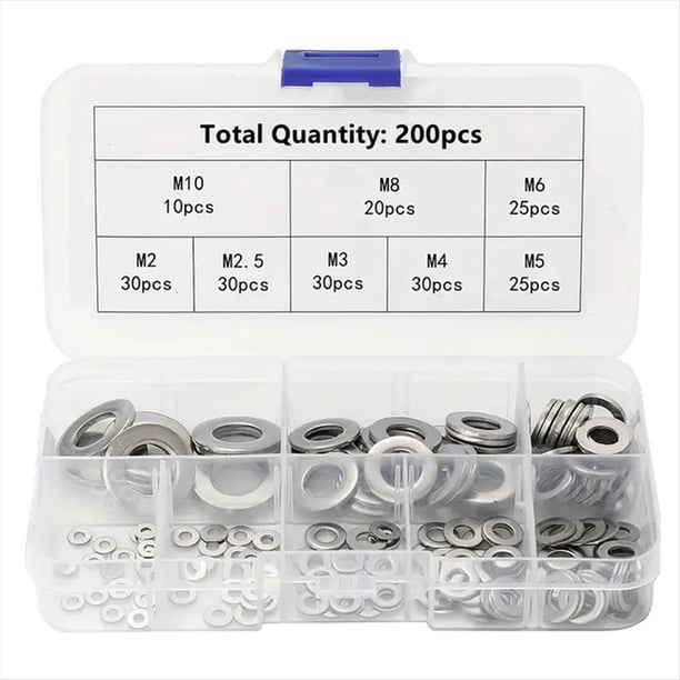 Kits de Arandelas de Acero Inoxidable, Juntas Metálicas Finas y Lisas, Arandelas A Presión Lisas M2-M10, Arandelas Planas con Tornillos M2, M5, M8 y M10, Anillos.