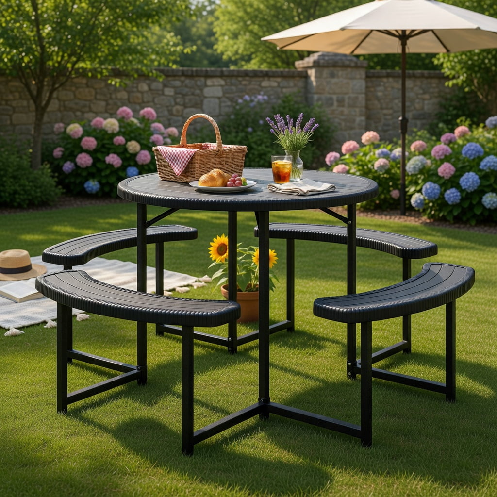 Hommoo Round Outdoor Picnic Table Set with 4 Benches & Umbrella Hole, Heavy-Duty Metal Frame, Weatherproof HDPE Top, Black