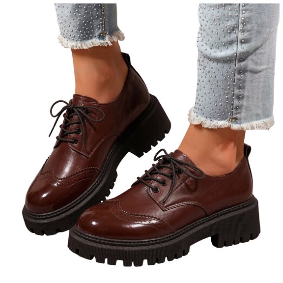 HEWUQI Womens Leather Platform Oxfords Chunky Round Toe Wingtip Slip on Vintage Soft Comfortable Non Slip Lace up Dress Work School Shoes Brown Size 6