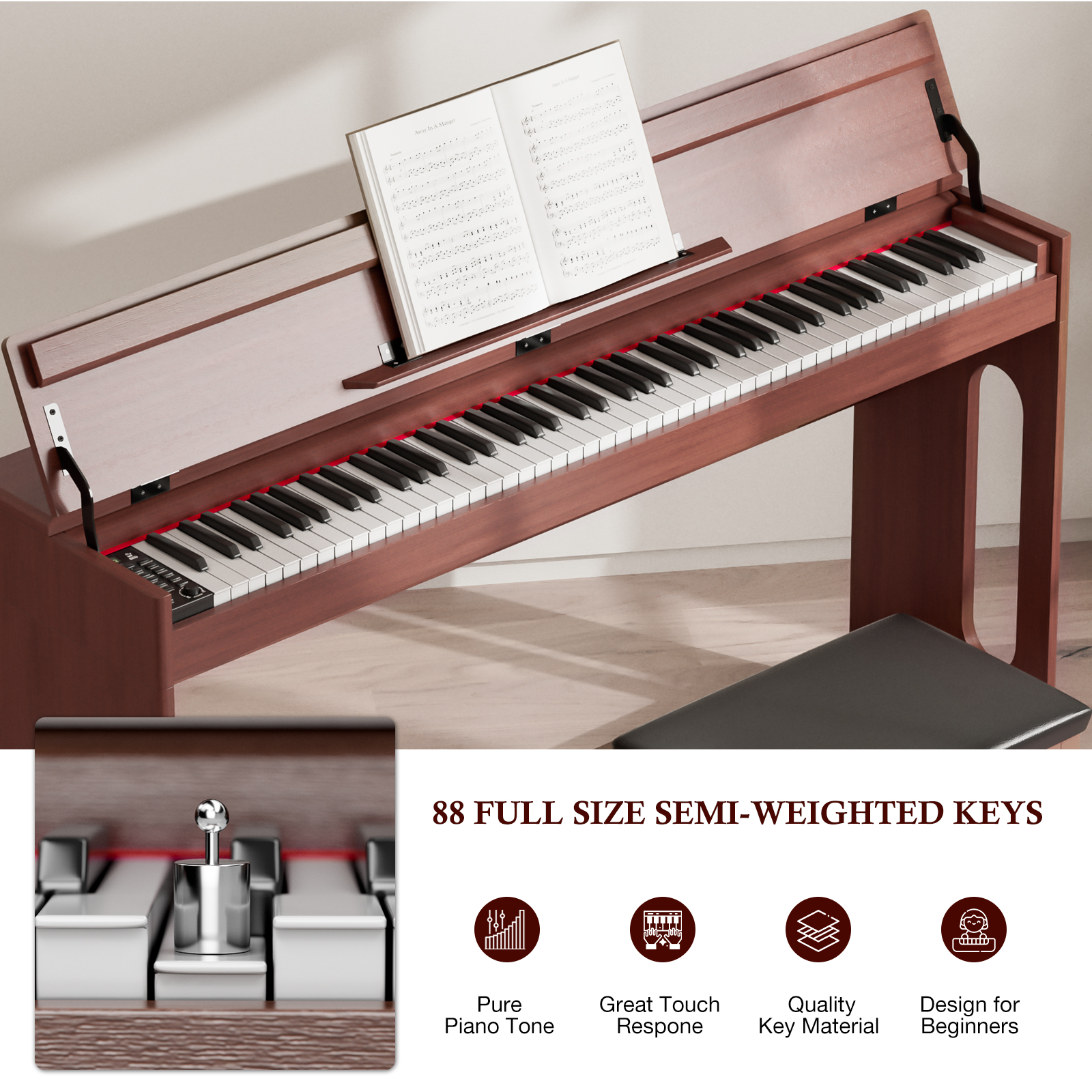 UMOMO 88 Key Digital Piano Keyboard, Full Size Electric Piano with Piano Stand, Headphone Jack, 3 Pedal, Electronic Piano for Beginner, Adults, Walnut
