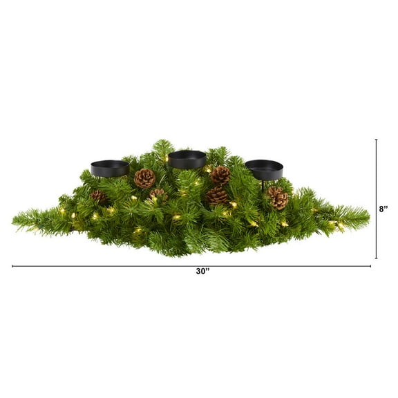 Nearly Natural 30in. Christmas Artificial Pine Triple Candelabrum with 35 Clear Lights and Pine Cones