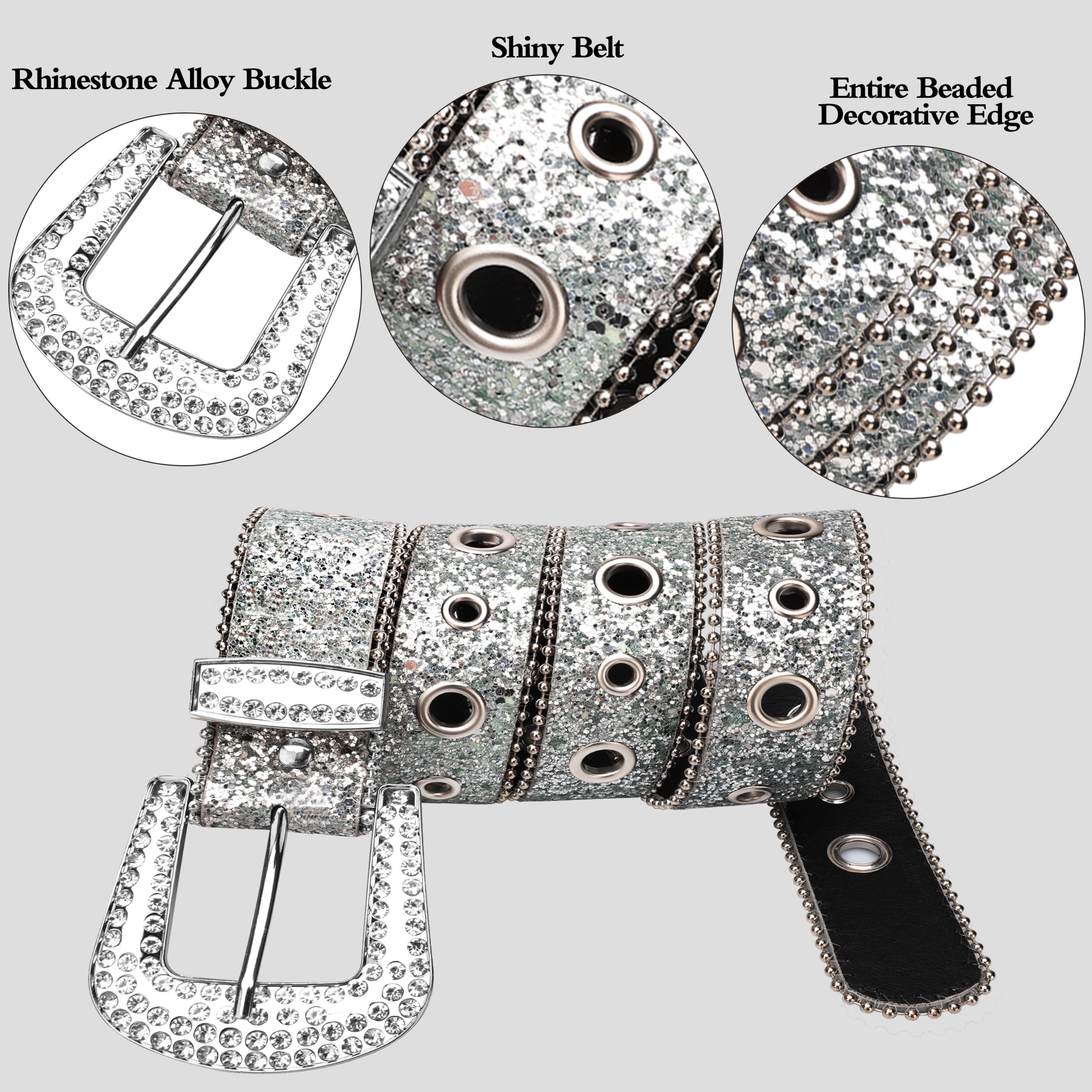 Mens & Womens Rhinestone Belts Western Crystal Diamond Shinning Silver Belt for Dress Jean Pants