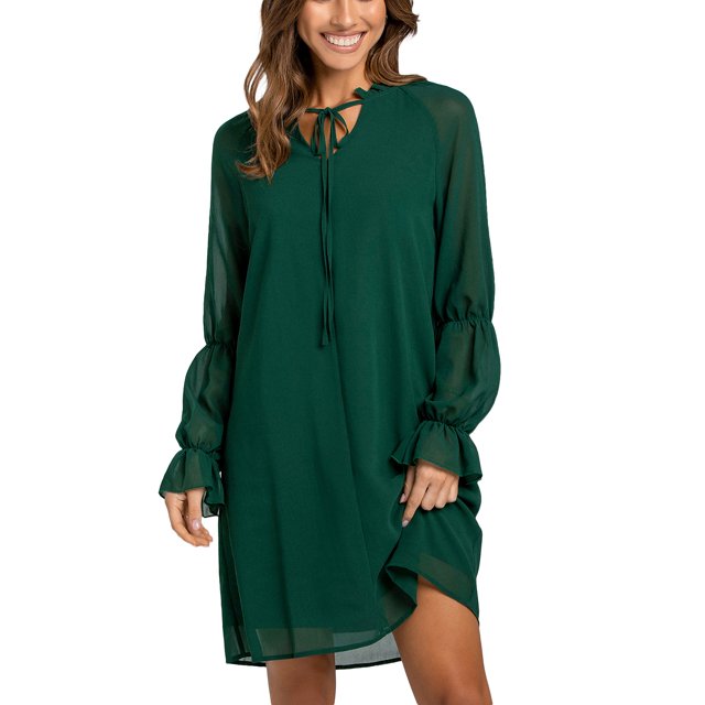 VISgogo Vestido Corto Mujer, Color Sólido Escote en V Manga Larga Amarre Volante Suelto Una Pieza para Primavera Otoño, S/M/L/XL VISgogo moda