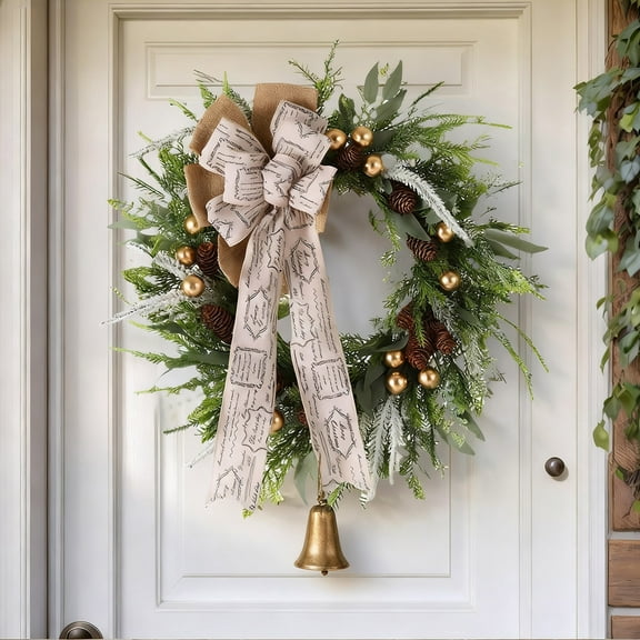 BAOPAI 17.7 Inch Enduring Shatterproof Simulation Bow Bells Wreath Multicolor Decorations for Home Door Wall Fireplace Stair Railing Holiday Decorations