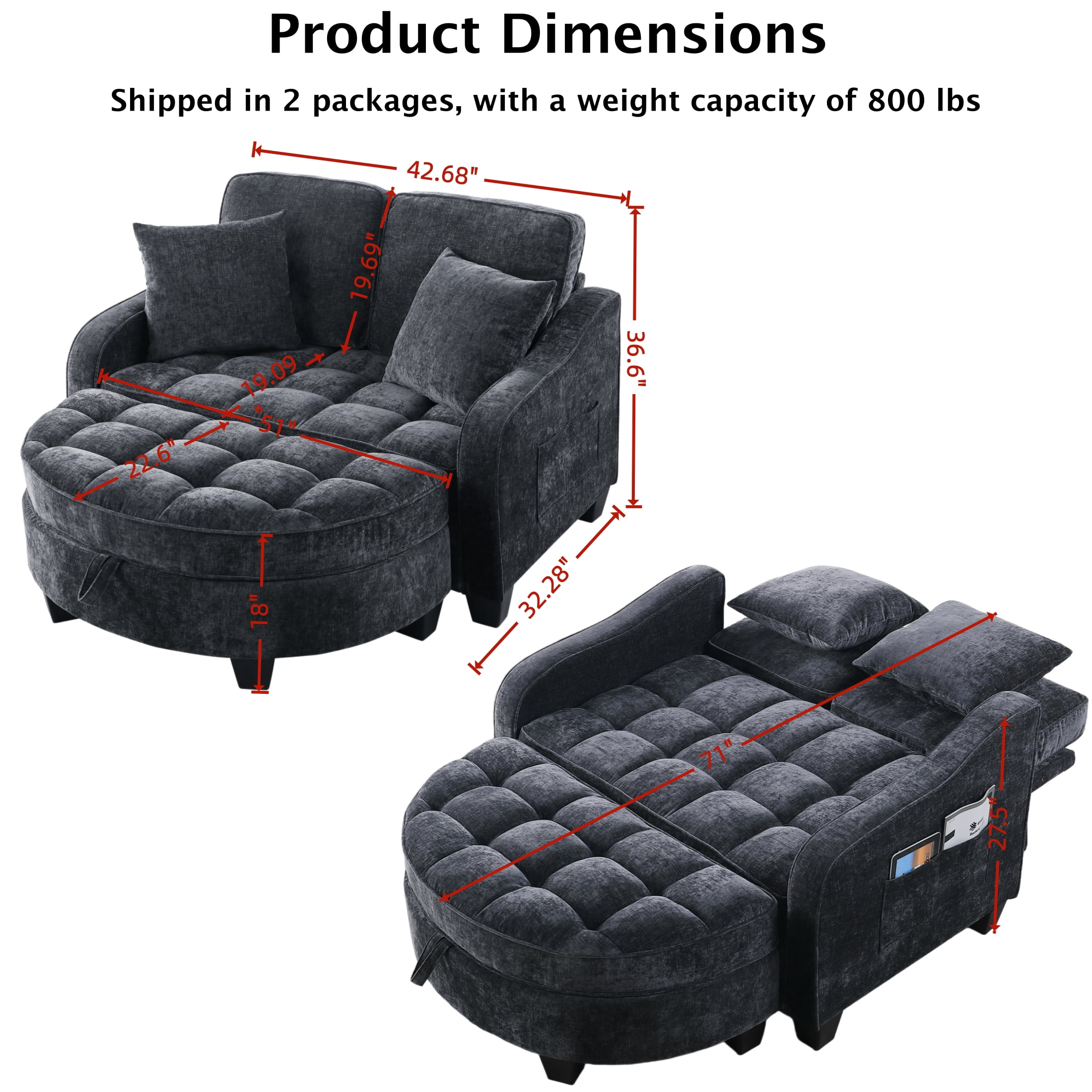 ShiKeyi 2 Seater Sofa with Double Chaise Lounge and Storage Ottoman, Adjustable Backrest Chenille Couch with Side Pockets and 2 Pillows, Black