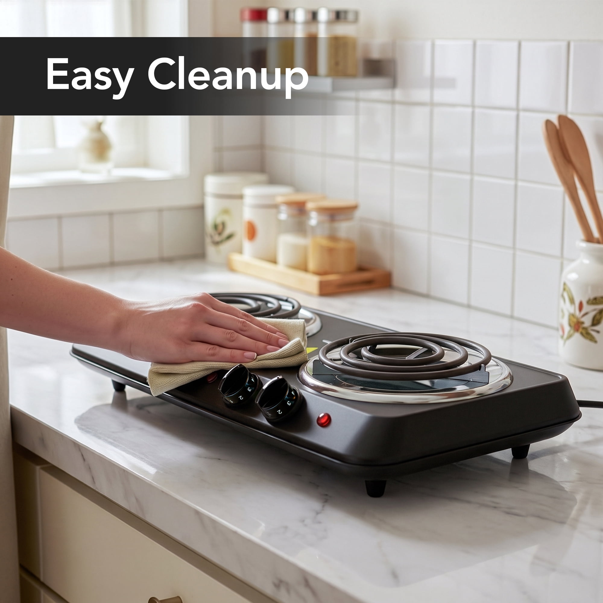 OVENTE Electric Double Burner, 1700W Coil Hot Plate, Black BGC102B, 6" & 5.75" Portable Countertop Cooktop, Metal Housing, 5-Level Temperature Control, Indicator Light, Easy-to-Clean, Compact