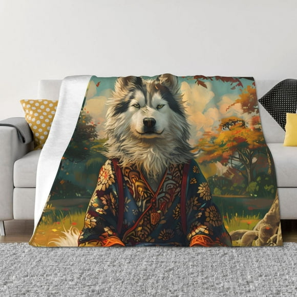 Fotbe Forest Maple Leaf Husky Manta de Franela con Estampado, Manta Ultrasuave para Cama, Sofá, Auto, Hipoalergénica y Antibolitas-80"x60"