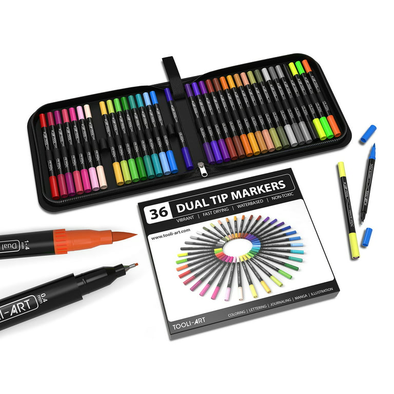 Tooli-Art Dual-Tip Brush Multicolor Color Set With Canvas Organizer with  Flexible Brush and 0.4mm Fineliner Marker Set of 36 