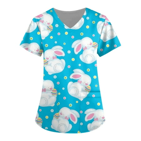 

QAZXD Womens V Neck Medical Nursing Uniform Cute Floral Print Short Sleeve Scrub Tops with Pockets Blue