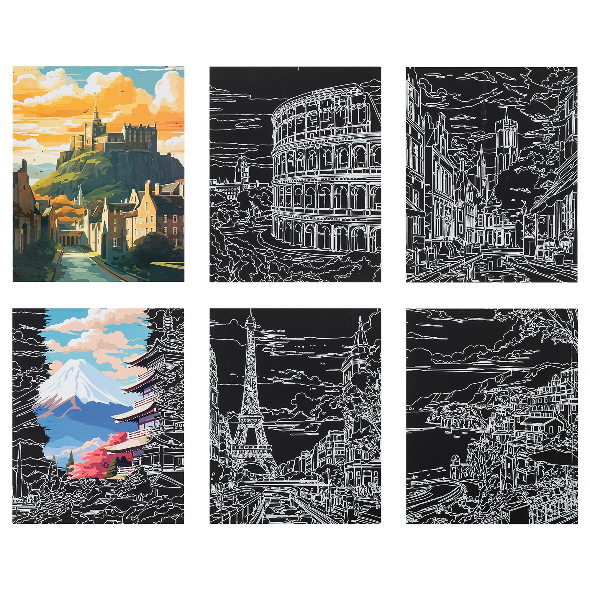 Brea Reese: Scratch Art Paper Pad - Global Iconic Views - 6 Designs, Metallic Guided Art, Dual-Tip Stylus, Easy-to-Frame 9x12" Pages, Adult Craft Kit