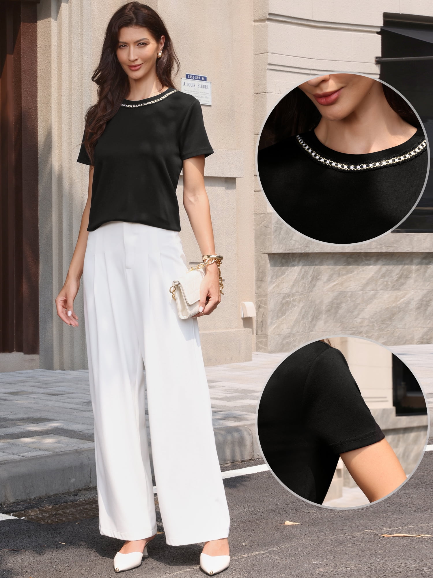 DARING DIVA Women's Tweed Neck Tops 2026 Short Sleeve Summer Elegant Blouse XL Black