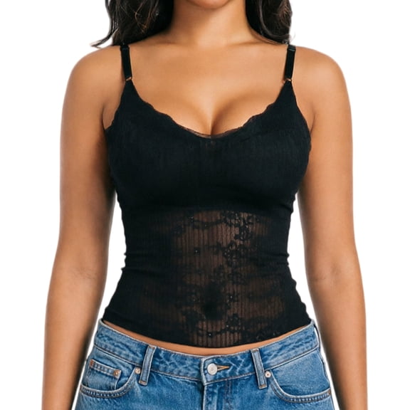 Aivtalk Lace Camisole Tops for Women V Neck Cami Shirt Tank Ladies Spaghetti Strap Tank Top with Paded Going Out Long Tank L Black