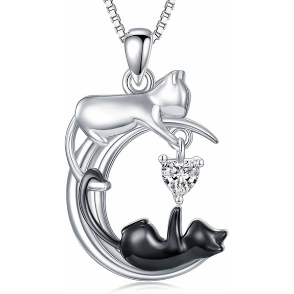 AOBOCO White Cat and Black Cat Moon Pendant Necklace Sterling Silver Cat Necklace Jewelry Gift for Women