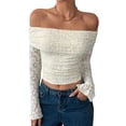 thumbnail image 2 of Women'S Lace Trim Off Shouder Top Long Sleeve Double Lined Y2k Trendy T-Shirts Cream White XXL, 2 of 7