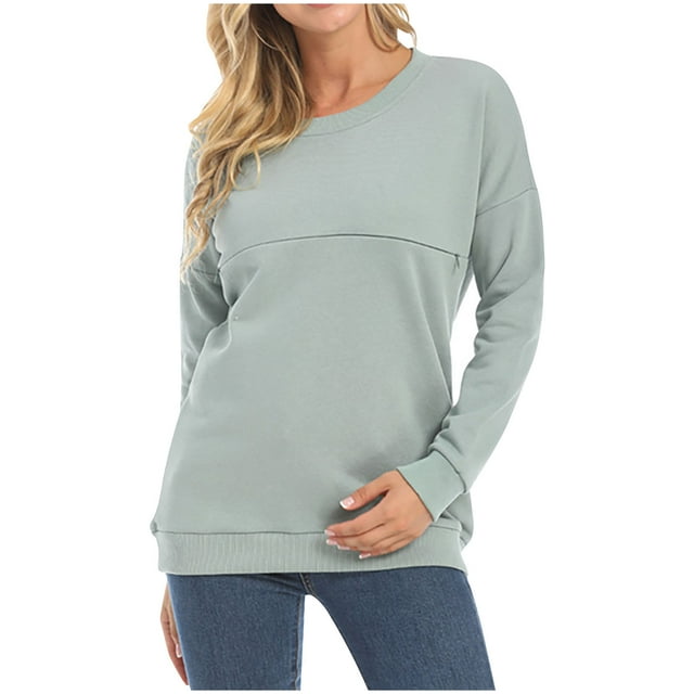 MeetoTime Vêtements de Maternité pour Femmes, Couleur Unie, Col Rond, Manches Longues, Chandail Décontracté pour l'Allaitement