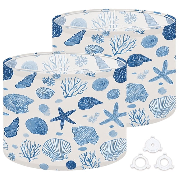 Lamp Shades Set of 2 Easy Assembly Sea bottom Summer beach hand drawn seaside print Drum Lampshades for Table Lamps Floor Lamps Pendant Light 13"x13"x10" Replacement Lamp Shade