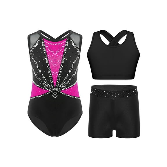 Miutii Gymnastics Leotard with Sport Bra Shorts Dancewear for Girls Sleeveless Sparkle Dance Bodysuit Athletic Unitard Set Hot Pink 10