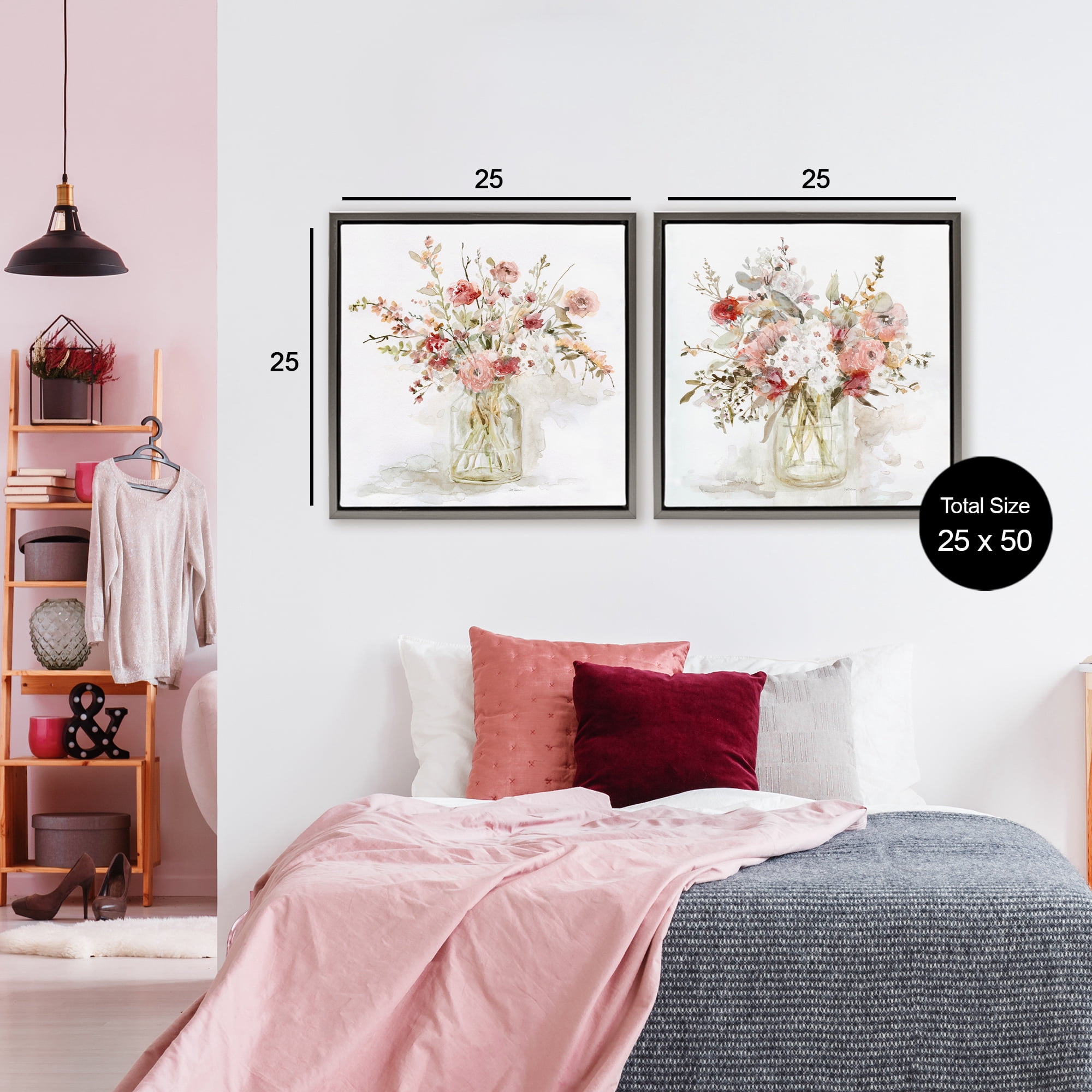 Stupell Industries Delicate Watercolor Bouquets in Glass 2 Piece Gray Framed Floater Canvas Set, design by Carol Robinson