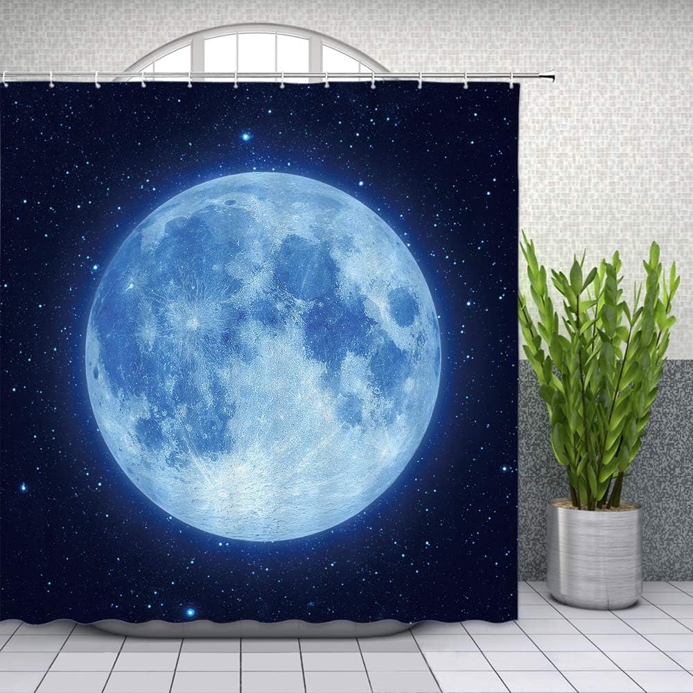 Amazing Moon Shower Curtain Beautiful Fantasy Starry Sky Glowing Moon Blue Navy Black Bathroom Curtains Decor Polyester Fabric Include Hooks(70" WX70 H)