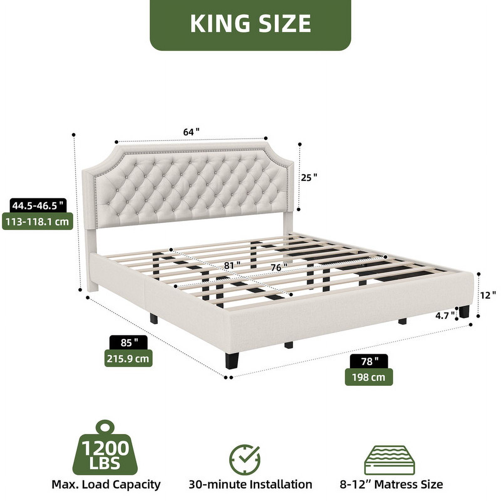 Uforic King Size Bed Frame with Adjustable Headboard, Upholstered Tufted Platform Bed, Easy Assembly, Adult and Teen, Beige