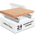 thumbnail image 1 of Amber Home Paquete de 24 perchas de madera natural para pantalones con clips, perchas de madera para faldas, perchas para pantalones vaqueros, pantalones cortos con 2 clips ajustables, 1 of 5