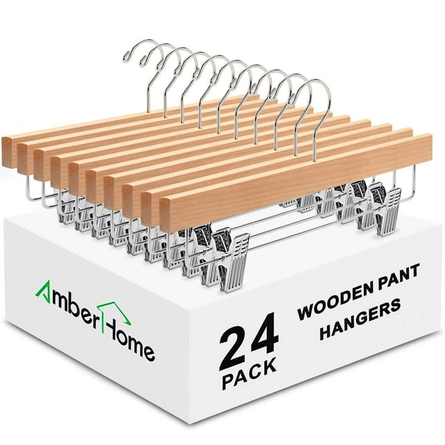 Amber Home Paquete de 24 perchas de madera natural para pantalones con clips, perchas de madera para faldas, perchas para pantalones vaqueros, pantalones cortos con 2 clips ajustables
