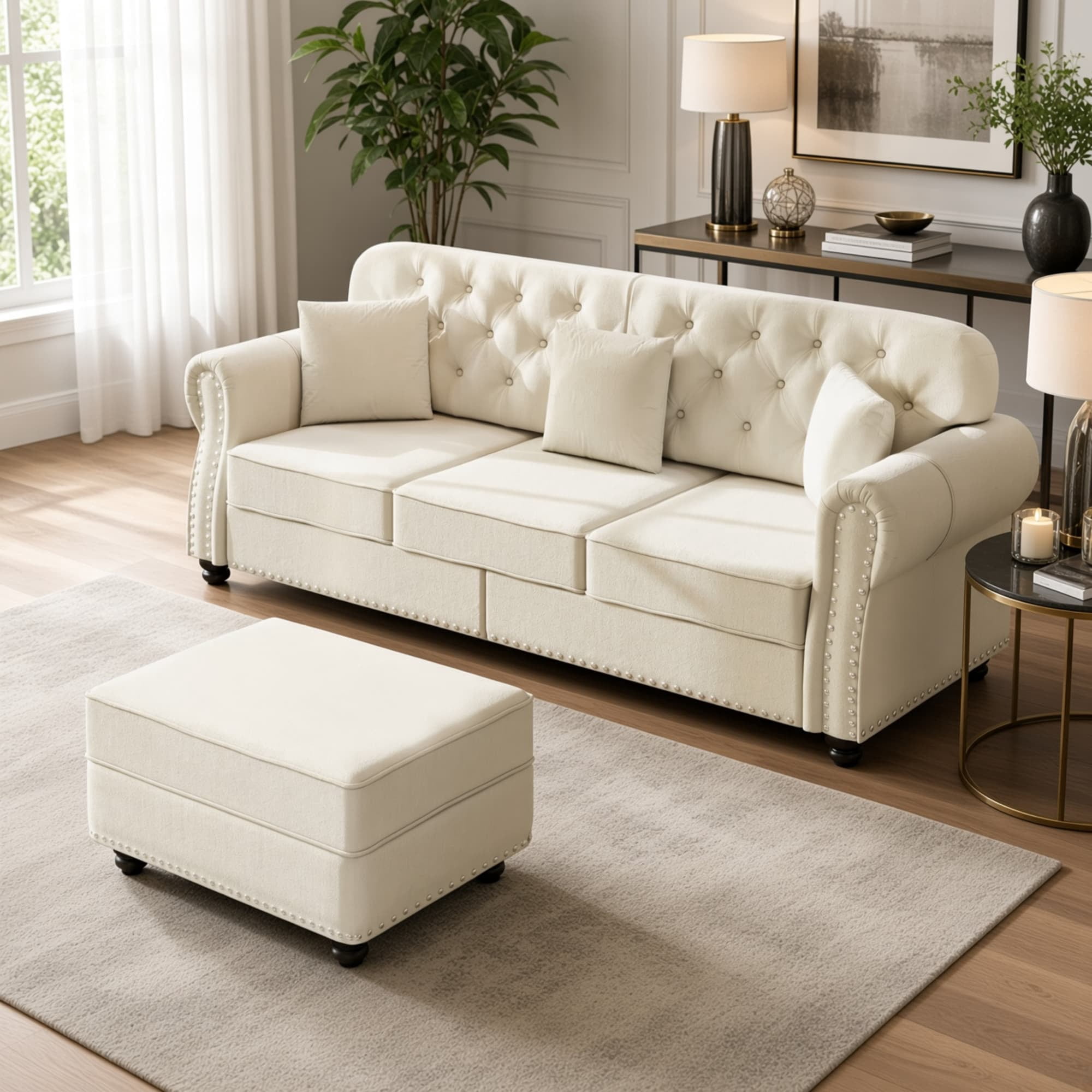 Chesterfield Sofa Mid-Century Modern 3-Seat Velvet Couch with Nailhead Trim Button Tufted Sofa with Rolled Armrests & 3 Pillows Comfy Lounge Sofa for Living Room Beige/White